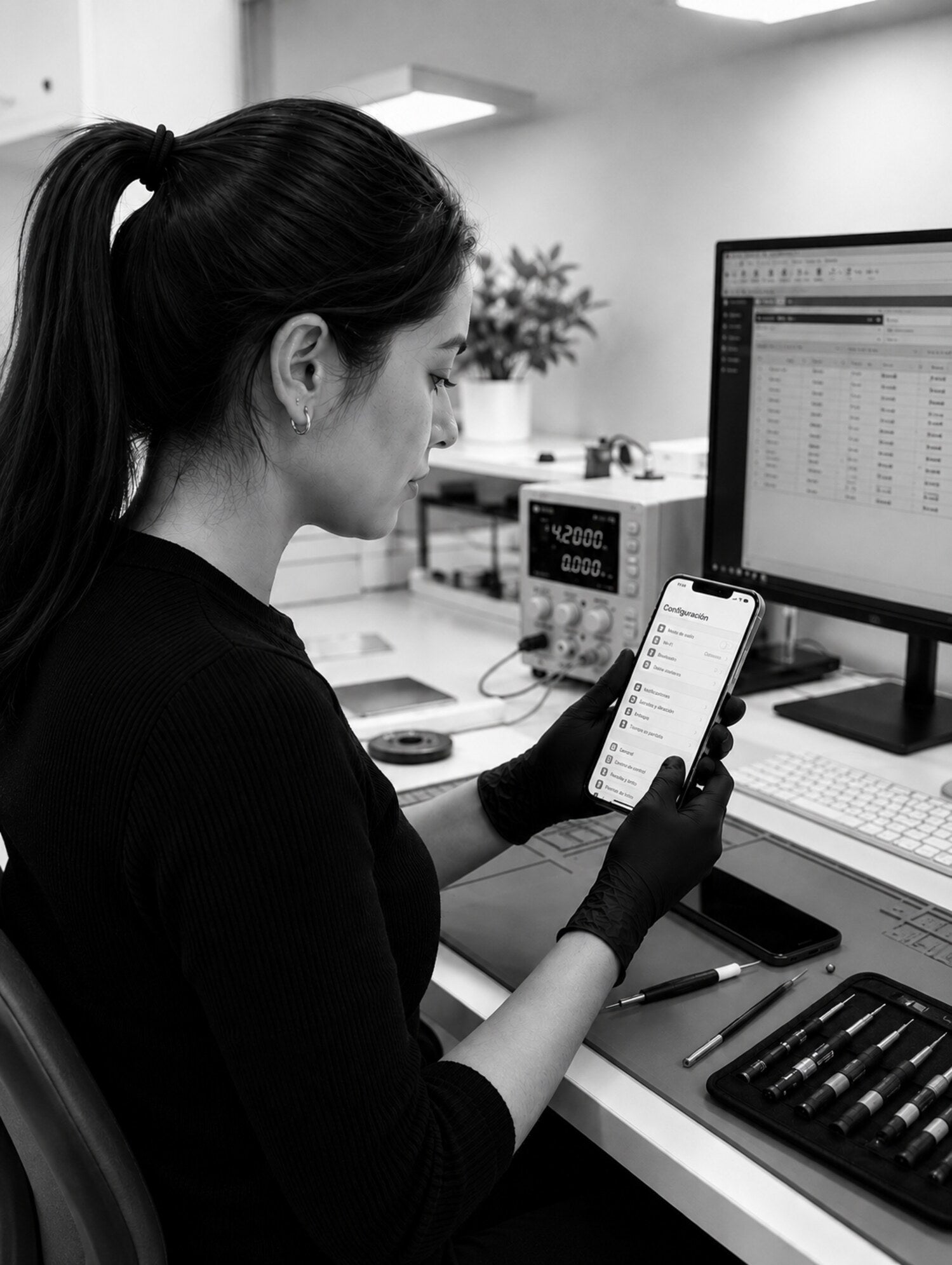 Tecnica inspecionando iPhone no laboratorio Zapcell